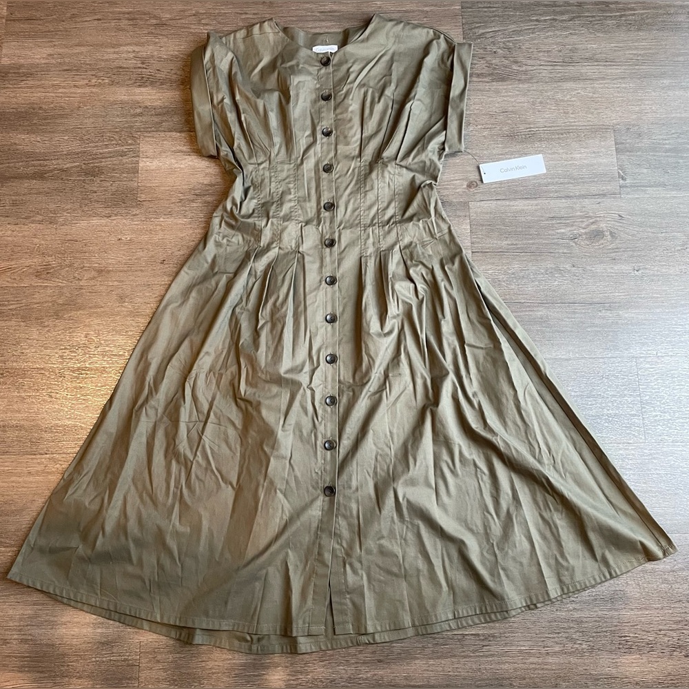 CALVIN KLEIN Shirt Dress Midi Pleated Waist Short Sleeve 8 Career Feminine NWT
